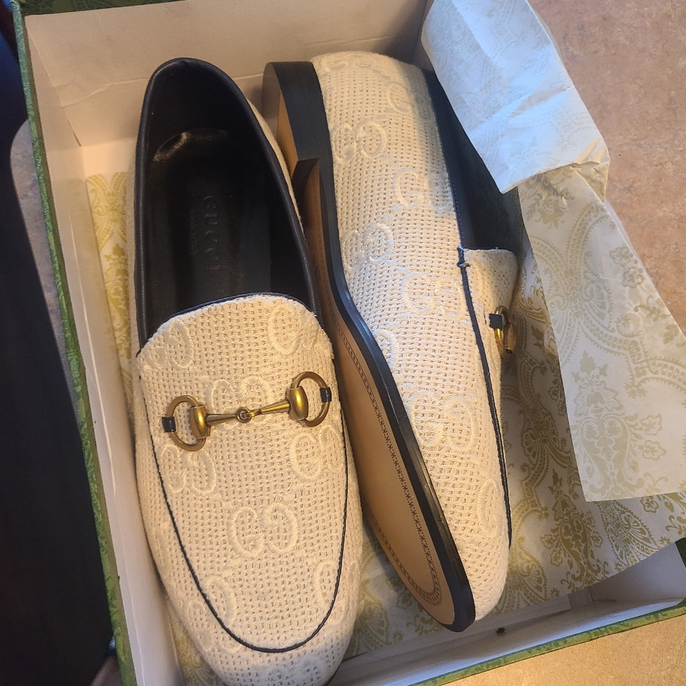 White and navy blue gucci loafers